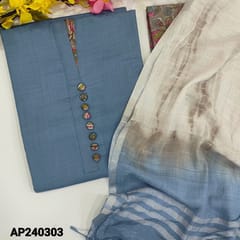 CODE AP240303 : Dark powder blue spun cotton unstitched salwar material,fancy buttons on yoke,hand block printed cotton bottom,shibori dyed fancy silk cotton dupatta with tassels.