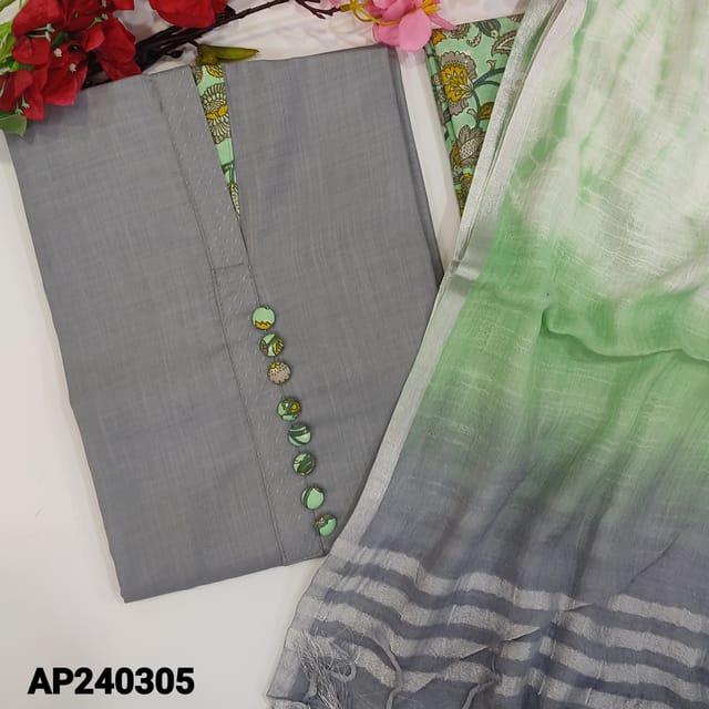 CODE AP240305 : Grey spun cotton unstitched salwar material,fancy buttons on yoke,hand block printed cotton bottom,shibori dyed fancy silk cotton dupatta with tassels.