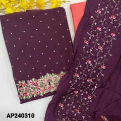 CODE AP240310 : Dark beetroot purple fancy silk cotton unstitched salwar material,embroidery work on yoke(thin,lining needed)contrast pink silky bottom,soft silk cotton dupatta with embroidered(TAPINGS REQUIRED)