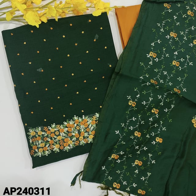 CODE AP240311 : Bottle green fancy silk cotton unstitched salwar material,embroidery work on yoke(thin,lining needed)contrast dark mehandi yellow silky bottom,soft silk cotton dupatta with embroidered(TAPINGS REQUIRED)