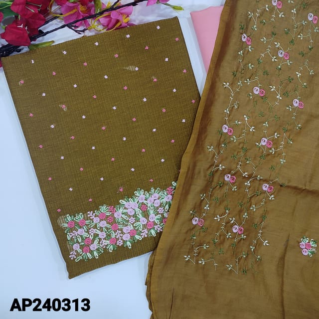 CODE AP240313 : Mehandi green fancy silk cotton unstitched salwar material,embroidery work on yoke(thin,lining needed)contrast pastel pink silky bottom,soft silk cotton dupatta with embroidered(TAPINGS REQUIRED)