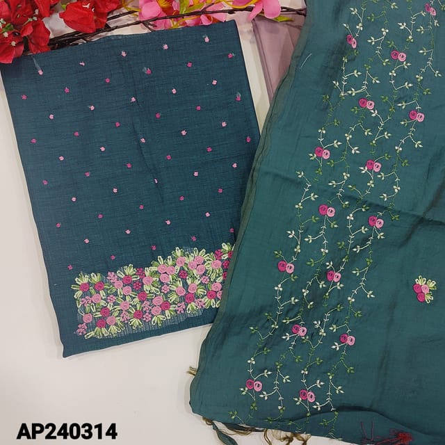 CODE AP240314 : Dark teal blue fancy silk cotton unstitched salwar material,embroidery work on yoke(thin,lining needed)contrast pink silky bottom,soft silk cotton dupatta with embroidered(TAPINGS REQUIRED)
