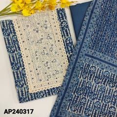 CODE AP240317 : Indigo blue pue cotton unstitched salwar material,yoke patch with faux mirror&lace work(lining optional)lace tapings on daman,matching slub cotton bottom,printed mul cotton dupatta with tapings.
