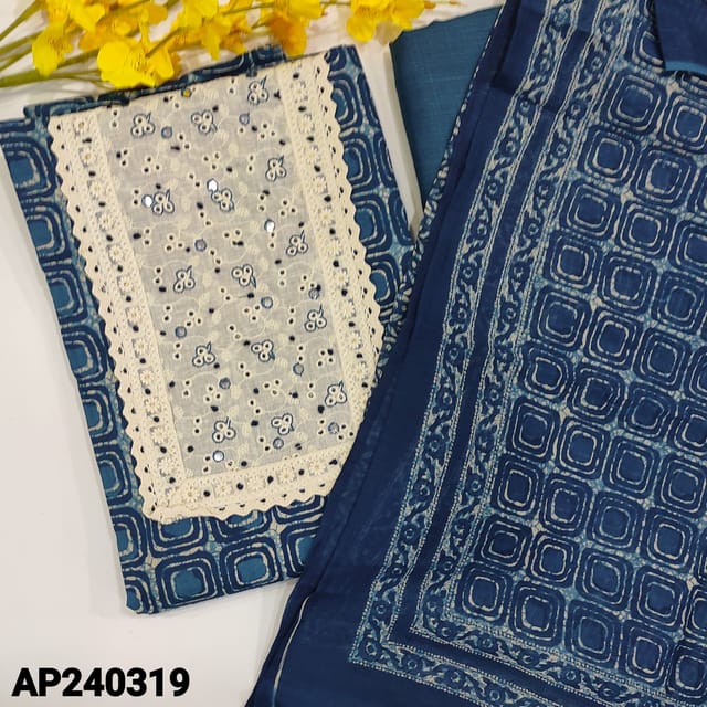 CODE AP240319 : Indigo blue pue cotton unstitched salwar material,yoke patch with faux mirror&lace work(lining optional)lace tapings on daman,matching slub cotton bottom,printed mul cotton dupatta with tapings.