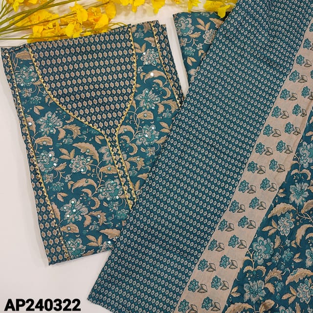 CODE AP240322 : Dark teal blue pure cotton unstitched salwar material,floral print with kota lace&faux mirror work on yoke,printed all over(lining optional)floral printed cotton bottom,crinkled soft pure cotton dupatta with kota lace tapings.