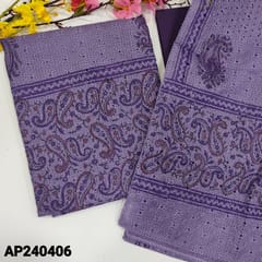 CODE AP240406 : Light purple textured kota silk cotton unstitched salwar material,schiffli work& block printed all over all over(thin,lining needed)cotrast cotton bottom,heavy schiffli work kota silk cotton dupatta with lace tapings.
