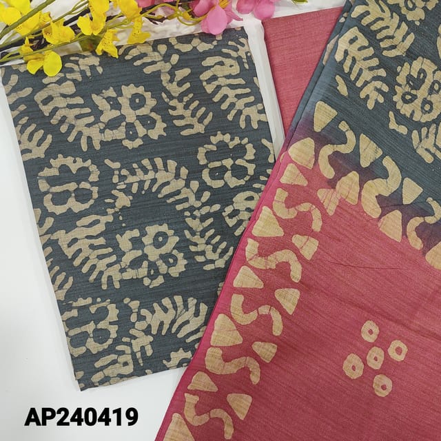 CODE AP240419 : Bluish grey jute silk cotton unstitched salwar material with original wax batik dyed pattern(textured,lining optional)pink bhagalpuri jute silk cotton bottom, bhagalpuri dual shaded dupatta.