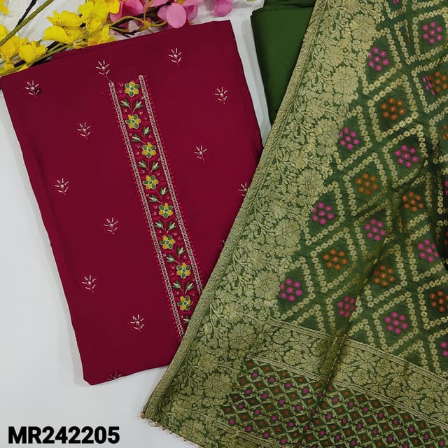 CODE MR242205 :Dark pink silk cotton unstitched salwar material,embroidered & sequins work on yoke(silky,lining needed)floral embroidered on front,kota lace work on daman,green spun cotton bottom,fancy silk cotton dupatta with rich borders.