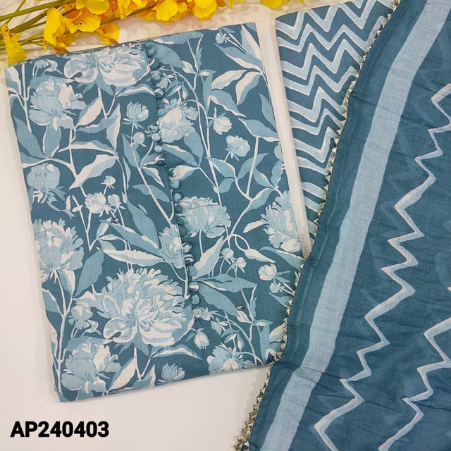 CODE AP240403 : Bluish grey pure cotton unstitched salwar material,potli button on yoke,floral printed all over,faux mirror work on yoke(lining optional)zigzag printed cotton bottom,zigzag printed crinkled mul cotton dupatta wit kota lace tapings.