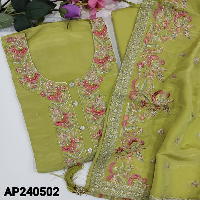CODE AP240502 : Light green with golden tint pure tissue organza silk unstitched salwar material,rich work on yoke,sequins work on front(shiny,lining needed)rich daman,matching santoon bottom,tissue organza silk dupatta with heavy embroidery border.