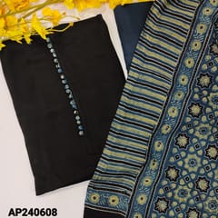 CODE AP240608 : Black pure modal silk unstitched salwar material,potli bottons on yoke(shiny,lining needed)contrast blue santoon bottom,ajrak bock printed pure modal silk dupatta (TAPINGS REQUIRED)