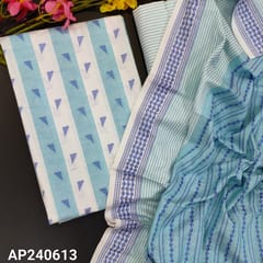 CODE AP240613 : Light blue spun silk cotton unstitched salwar material,vertical pattern with geometrical thread buttas all over(thin,lining needed)striped spun cotton bottom,soft thread woven dupatta with tassels.