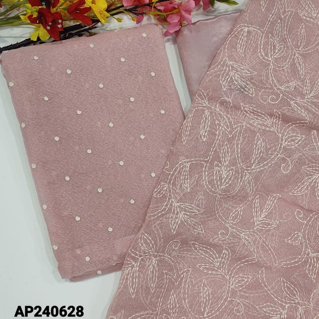 CODE AP240628 : Pastel pink noil fabric unstitched salwar material,thread embroidery work on front(thin,lining needed)matching silky fabric provided for both bottom and lining,embroidered noil dupatta with tapings.