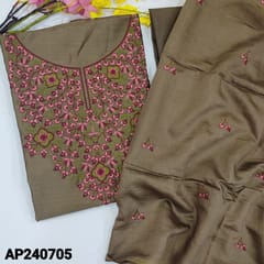CODE AP240705 : Dark beige fancy silk cotton unstitched salwar material,heavy embroidery work on yoke(thin,lining needd)matching silky bottom,thread embroidered soft silk cotton dupatta(REQUIRED TAPINGS).
