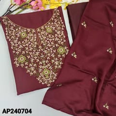 CODE AP240704 : Maroon fancy silk cotton unstitched salwar material,heavy embroidery work on yoke(thin,lining needd)matching silky bottom,thread embroidered soft silk cotton dupatta(REQUIRED TAPINGS).