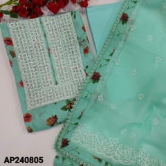 CODE AP240805 : Pastel blue semi linen unstitched salwar material ,thread & sequins work on yoke, floral printed all over(thin,lining needed)matching lining provided , NO BOTTOM, fancy organza dupatta with lace tapings.