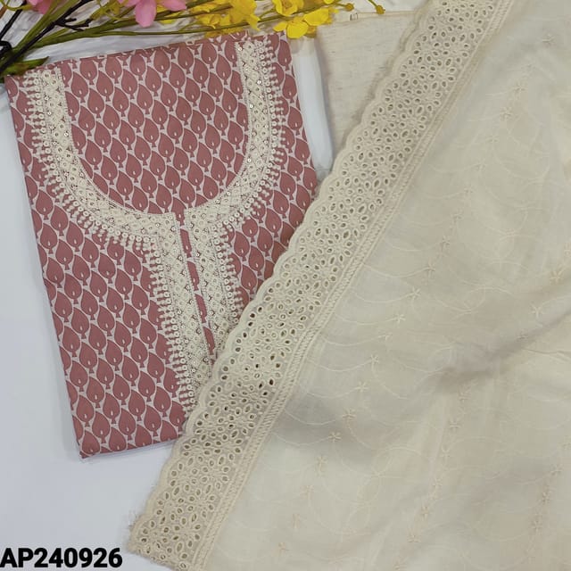 CODE AP240926 : Pastel pink Premium cotton unstitched salwar material, heavy embroidery work on yoke(lining optional)printed all over, jute flex cotton bottom, premium mul cotton dupatta with schiffli embroidery & cut work edges.
