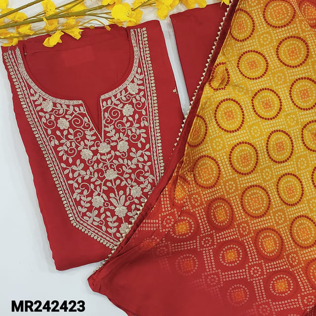 CODE MR242423 : Designer bright red pure dola silk unstitched salwar material,heavy work on yoke(shiny,lining needed)zari&sequins work on front,matching santoon bottom,bandhini printed pure gajji silk dupatta with rich pallu