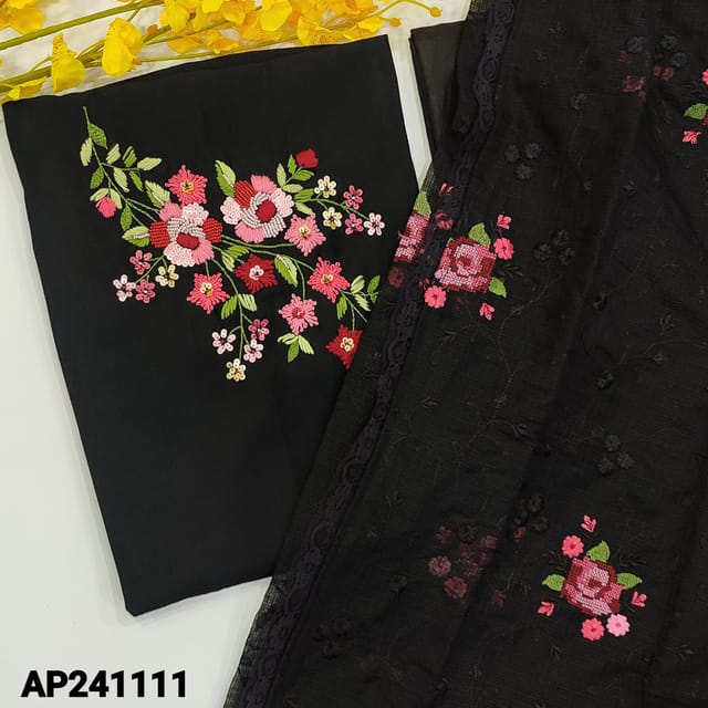 CODE AP241111 : Black soft silk cotton unstitched salwar material, rich embroidery on yoke(shiny, lining needed)matching siky bottom, kota silk cotton dupatta with rich embroidery work with cut work edges.