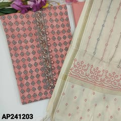 CODE AP241203 : Pink dual shaded pure kantha cotton unstitched salwar material, potli buttons & sequins work on yoke,kantha stitch all over(lining optional)matching cotton bottom,block printed pure kota cotton duapatta with tassels.