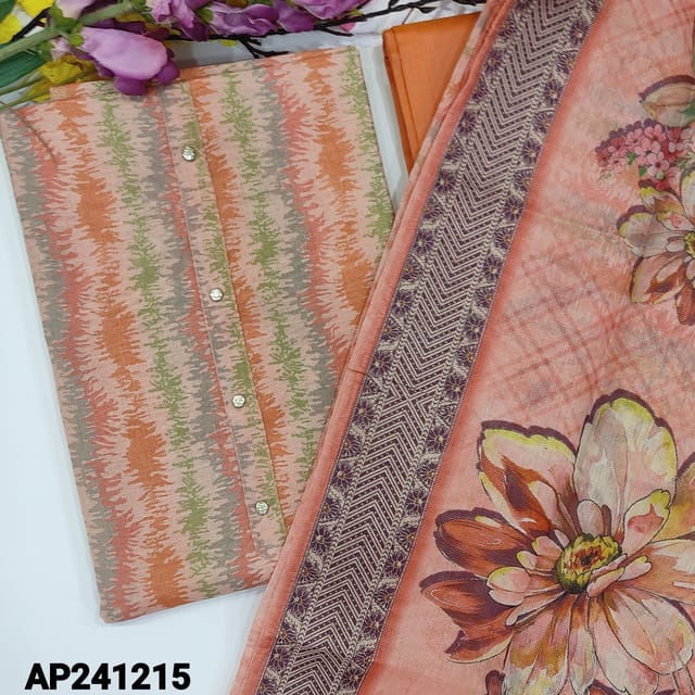CODE AP241215 : Pastel peach with golden tint tissue silk cotton unstitched salwar material,fancy buttons on yoke(soft,lining needed)silk cotton dupatta,floral printed tissue silk cotton dupatta with zari borders.