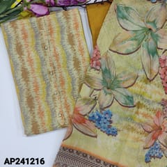 CODE AP241216 : Pastel yellow with golden tint tissue silk cotton unstitched salwar material,fancy buttons on yoke(soft,lining needed)silk cotton dupatta,floral printed tissue silk cotton dupatta with zari borders.