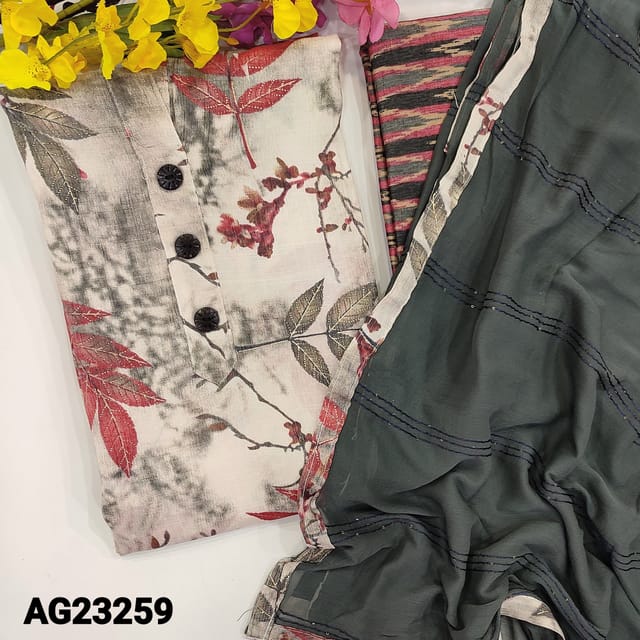 CODE AG23259 : Premium Grey Base Printed Modal fabric unstitched Salwar material(flowy, soft fabric, lining optional) with buttons on yoke, ikat printed soft modal bottom, thread and sequins work on Premium chiffon dupatta with printed tapings