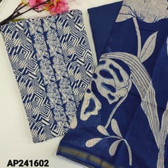 CODE AP241602 : Blue & white premium soft cotton unstitched salwar material, printed yoke with faux mirror(lining optional)blue pure soft drum dyed cotton bottom, pure chanderi dupatta with gold tissue border(TAPINGS REQUIRED).