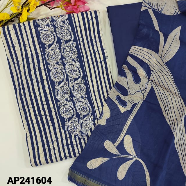 CODE AP241604 : Blue & white premium soft cotton unstitched salwar material, printed yoke with faux mirror(lining optional)blue pure soft drum dyed cotton bottom, pure chanderi dupatta with gold tissue border(TAPINGS REQUIRED).