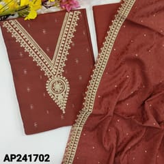 CODE AP241702 : Dark onion pink soft silk cotton unstitched salwar material,v neck with thread&sequins,zari woven buttas all over(soft,lining needed)matching drum dyed cotton lining provided, NO BOTTOM, jakard silk cotton dupatta with embroidered border.