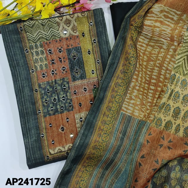 CODE AP241725 : Greenish grey with golden tint tissue silk cotton unstitched salwar material, digital printed & real mirror work on yoke(thin, lining needed)digital printed daman border, matching silky bottom, abstract printed tissue silk cotton dupatta.
