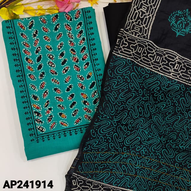 CODE AP241914 : Turquoise blue slub cotton unstitched salwar material, applique work on yoke, block printed on front(lining optional)black yellow cotton bottom, block printed soft silk cotton dupatta (REQUIRED TAPINGS).