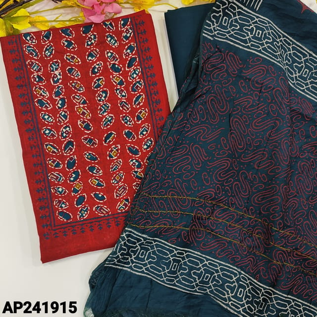 CODE AP241915 : Red slub cotton unstitched salwar material, applique work on yoke, block printed on front(lining optional)blue yellow cotton bottom, block printed soft silk cotton dupatta (REQUIRED TAPINGS).