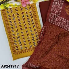 CODE AP241917 : Fenugreek yellow slub cotton unstitched salwar material, applique work on yoke, block printed on front(lining optional)reddish maroon cotton bottom, block printed soft silk cotton dupatta (REQUIRED TAPINGS).