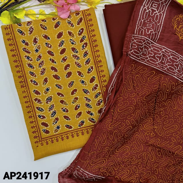 CODE AP241917 : Fenugreek yellow slub cotton unstitched salwar material, applique work on yoke, block printed on front(lining optional)reddish maroon cotton bottom, block printed soft silk cotton dupatta (REQUIRED TAPINGS).