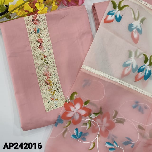 CODE AP242016 : Pastel pink liquid fabric fancy lace work on yoke, embroidered on front(soft, lining needed)matching liquid fabric bottom, dual shaded fancy organza dupatta with brush painted & lace tapings.