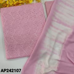 CODE AP242107 : Pink schiffli cotton unstitched salwar material, cut work all over, french knot detailing on front(thin, lining needed)matching cotton bottom, shibori dyed fancy chiffon dupatta.