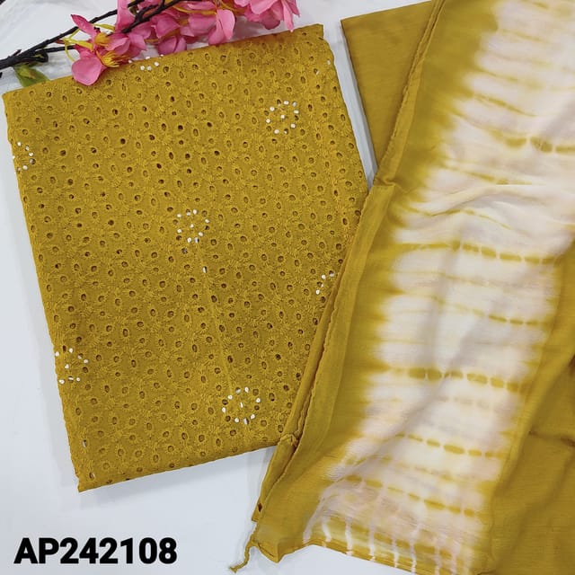 CODE AP242108 : Mehandhi yellow schiffli cotton unstitched salwar material, cut work all over, french knot detailing on front(thin, lining needed)matching cotton bottom, shibori dyed fancy chiffon dupatta.