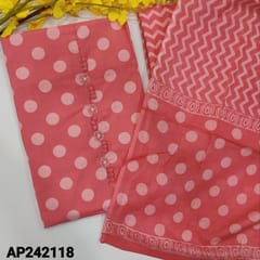 CODE AP242118 : Peachish pink soft cotton unstitched salwar material, fancy beaded& potli buttons on yoke, polka dots all over(thin, lining needed)zig zag printed cotton bottom, printed cotton dupatta.