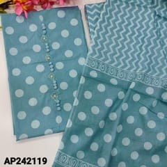 CODE AP242119 : Powder blue soft cotton unstitched salwar material, fancy beaded& potli buttons on yoke, polka dots all over(thin, lining needed)zig zag printed cotton bottom, printed cotton dupatta.