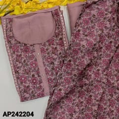 CODE AP242204 : Pink fancy crepe silk unstitched salwar material, yoke with faux mirror work(shiny, lining needed)printed daman border, matching santoon bottom, digital printed fancy crepe silk dupatta with tapings.