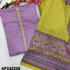 CODE AP242208 : Purple soft cotton unstitched salwar material, floral printed all over, embroidery work on yoke(lining optional)mehandhi yellow cotton bottom, soft mixed cotton dupatta with prints(REQUIRED TAPIGNS).