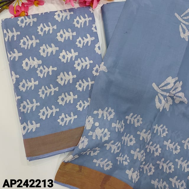 CODE AP242213 :  Powder blue pure cotton unstitched salwar material, original wax batik all over(lining needed)matching drum dyed cotton fabric provided for lining, NO BOTTOM, soft mul cotton dupatta with tissue zari borders(REQUIRED TAPING).