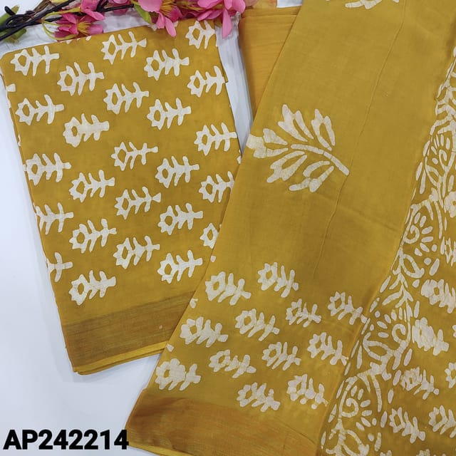 CODE AP242214 :  Mehandhi yellow pure cotton unstitched salwar material, original wax batik all over(lining needed)matching drum dyed cotton fabric provided for lining, NO BOTTOM, soft mul cotton dupatta with tissue zari borders(REQUIRED TAPING).