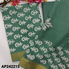 CODE AP242215 : Dark cement green pure cotton unstitched salwar material, original wax batik all over(lining needed)matching drum dyed cotton fabric provided for lining, NO BOTTOM, soft mul cotton dupatta with tissue zari borders(REQUIRED TAPING).
