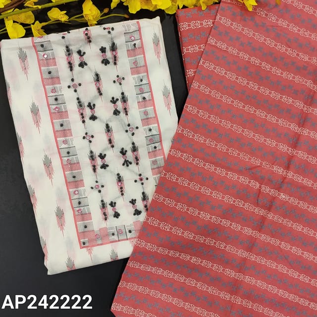 CODE AP242222 : White base soft cotton unstitched salwar material, thread & faux mirror work on yoke, ikat printed all over(thin, lining needed)pink green green printed cotton bottom, printed mul cotton dupatta