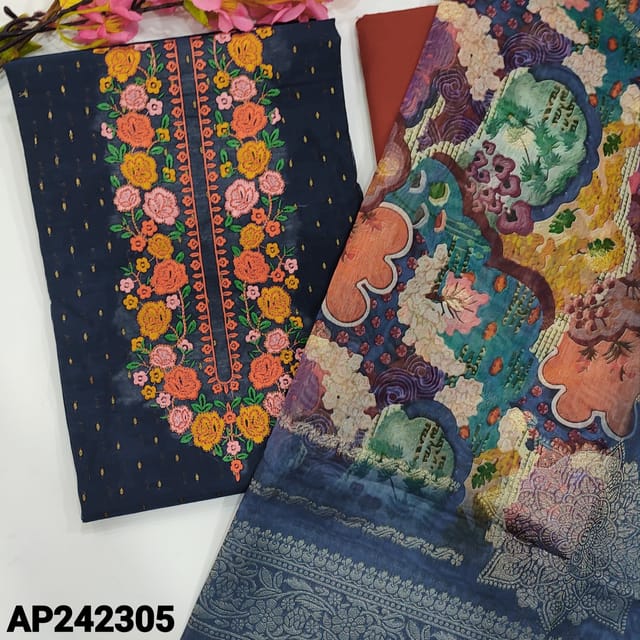 CODE AP242305 : Navy blue silk cotton unstitched salwar material, embroidered work on yoke, zari buttas all over(thin, lining needed)brick red cotton bottom, digital printed dupatta with silver zari borders.