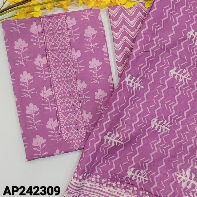 CODE AP242309 : Purple shade soft cotton unstitched salwar material, faux mirror work on yoke, floral printed all over(lining optional)printed cotton bottom, printed cotton dupatta with tapings.
