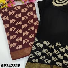 CODE AP242315 : Maroon pure cotton unstitched salwar material, original wax batik all over(lining needed)black pure cotton bottom, batik dyed pure mul cotton dupatta with gold tissue border (REQUIRED TAPINGS).