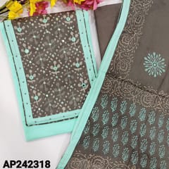 CODE AP242318 : Pastel blue mixed cotton unstitched salwar material, block printed yoke patch with real & faux mirror work(lining needed)Grey cotton bottom, block printed pure cotton dupatta with tapings.